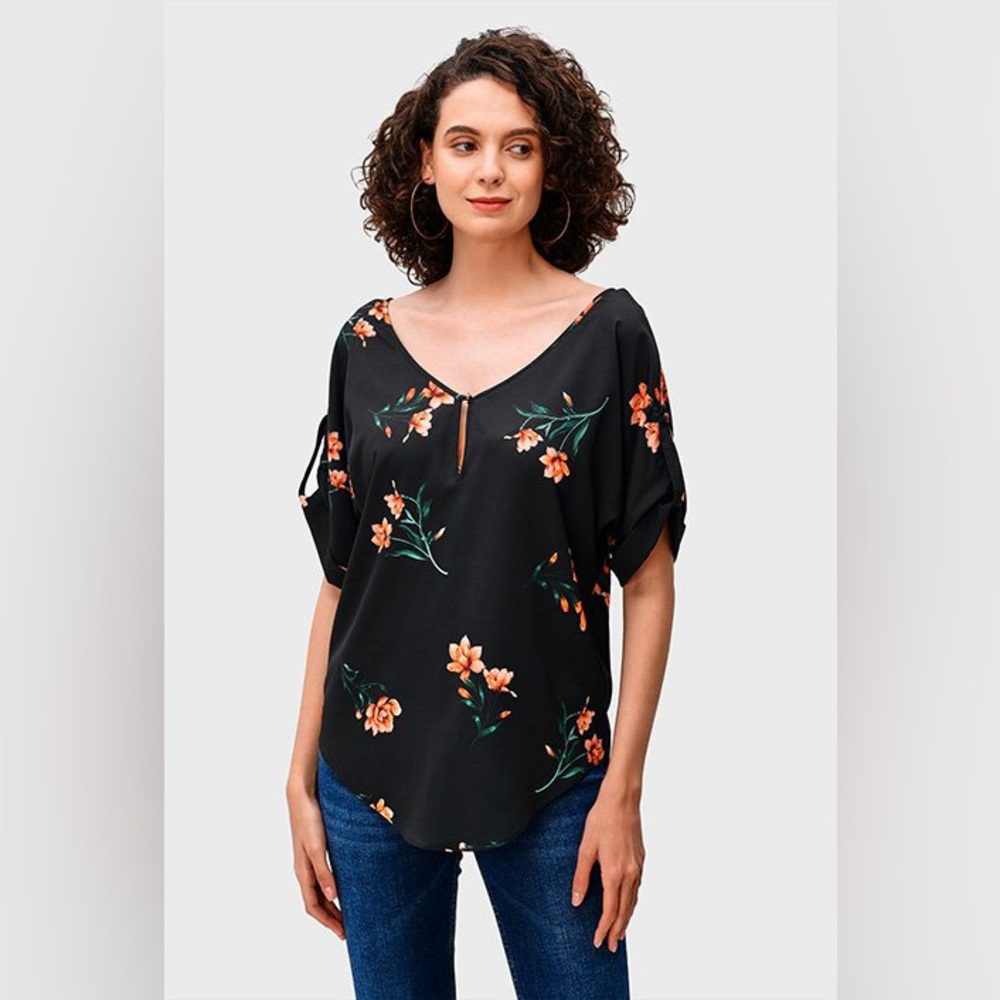 Button Tab Dolman Sleeve Floral Print Crepe Top